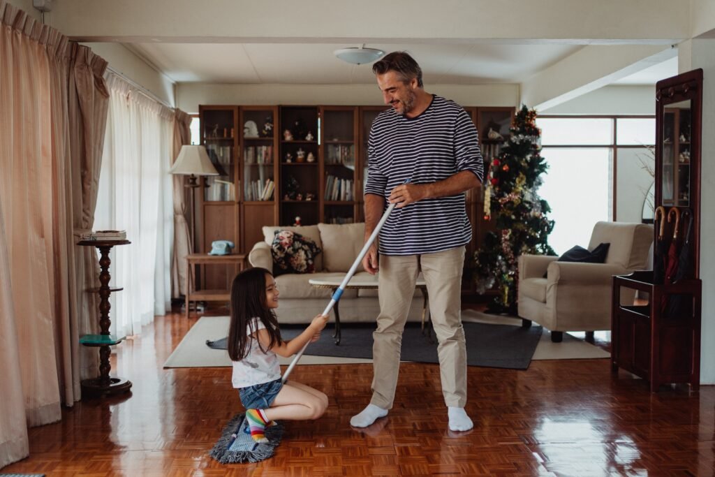 parent and child showcasing a home cleaning hack